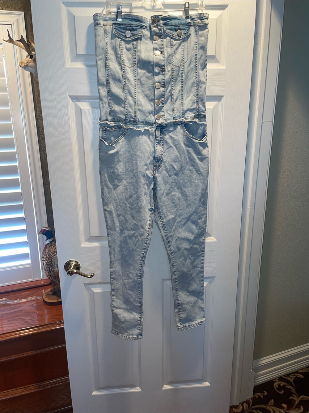 Light Wash Denim Strapless Jeans Overalls up cycled, really unique